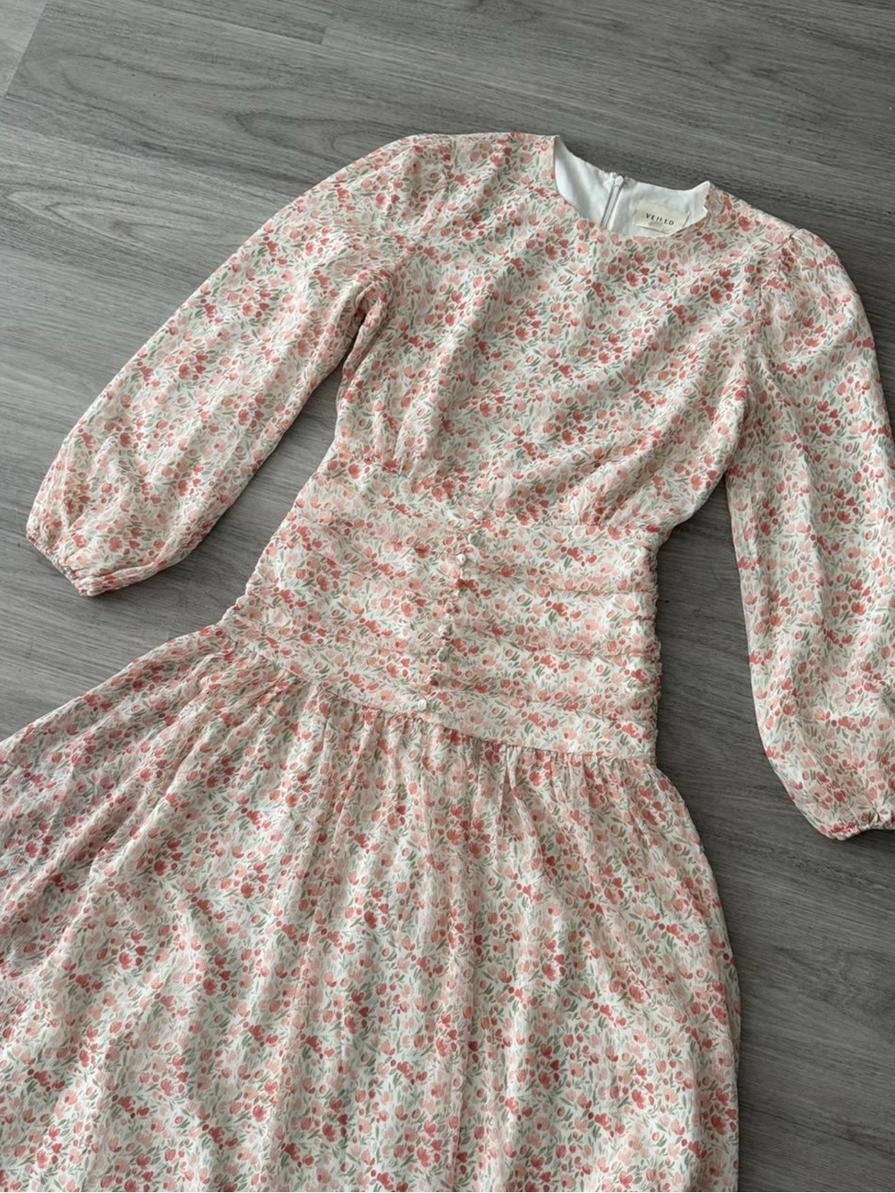 Women's Cream and Pink Floral Maxi Dress with Puff Sleeves